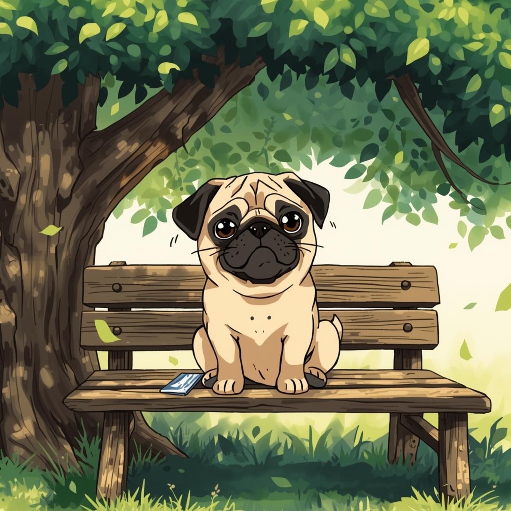 パグ|木陰のベンチでひとやすみ / Pug | Resting on the Park Bench