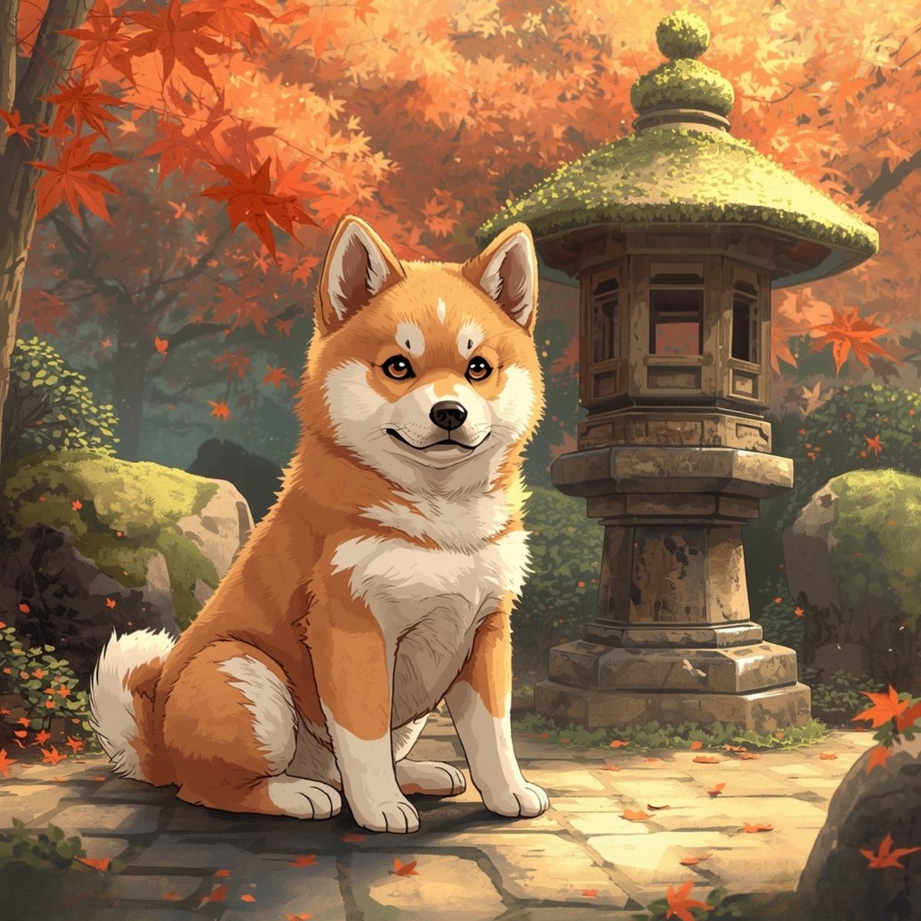 秋田犬|紅葉の庭でたたずむ子犬 / Akita Inu | Puppy in the Autumn Garden