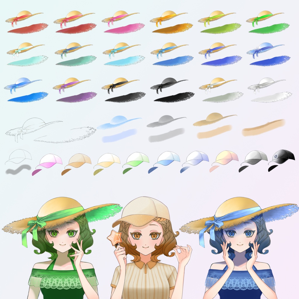 【136点入り!】夏にぴったり!VTuber着せ替え帽子セット(麦わら・キャップ・ベレー・ツノ)