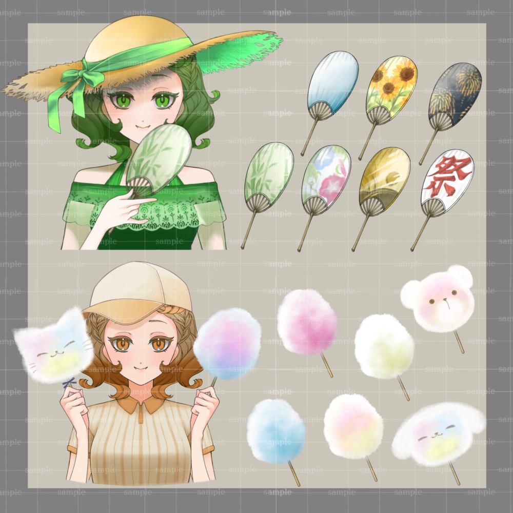 【10点無料!】【96点入り!】夏祭り&屋台フード アイテムセット(スイカ・わたあめ・お面・うちわ・お菓子)【VTuber・配信素材】