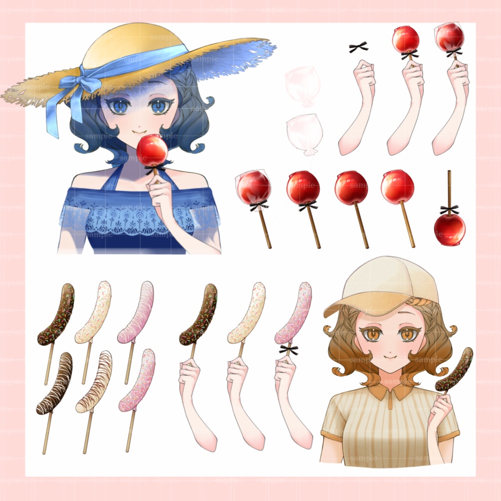 【10点無料!】【96点入り!】夏祭り&屋台フード アイテムセット(スイカ・わたあめ・お面・うちわ・お菓子)【VTuber・配信素材】