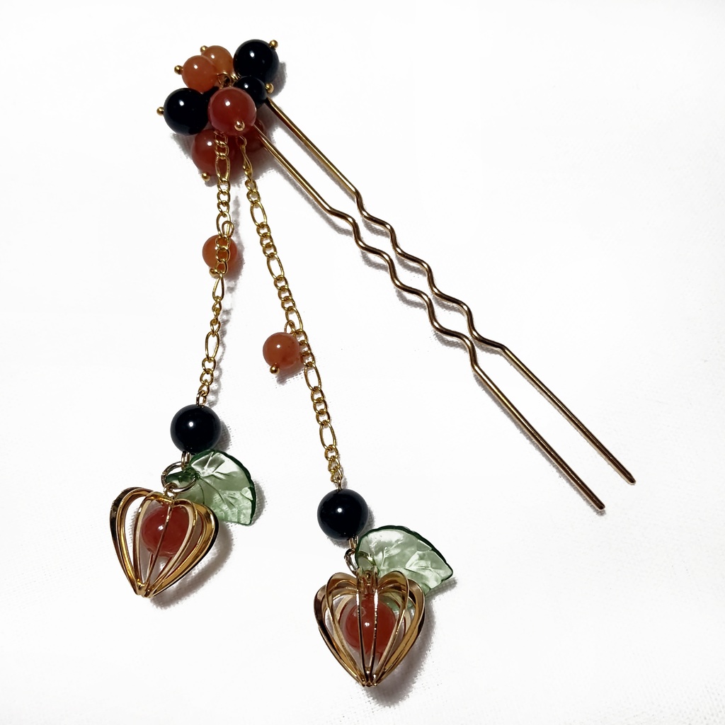 金鬼灯の簪 二本足かんざし ゴールド 砂金水晶