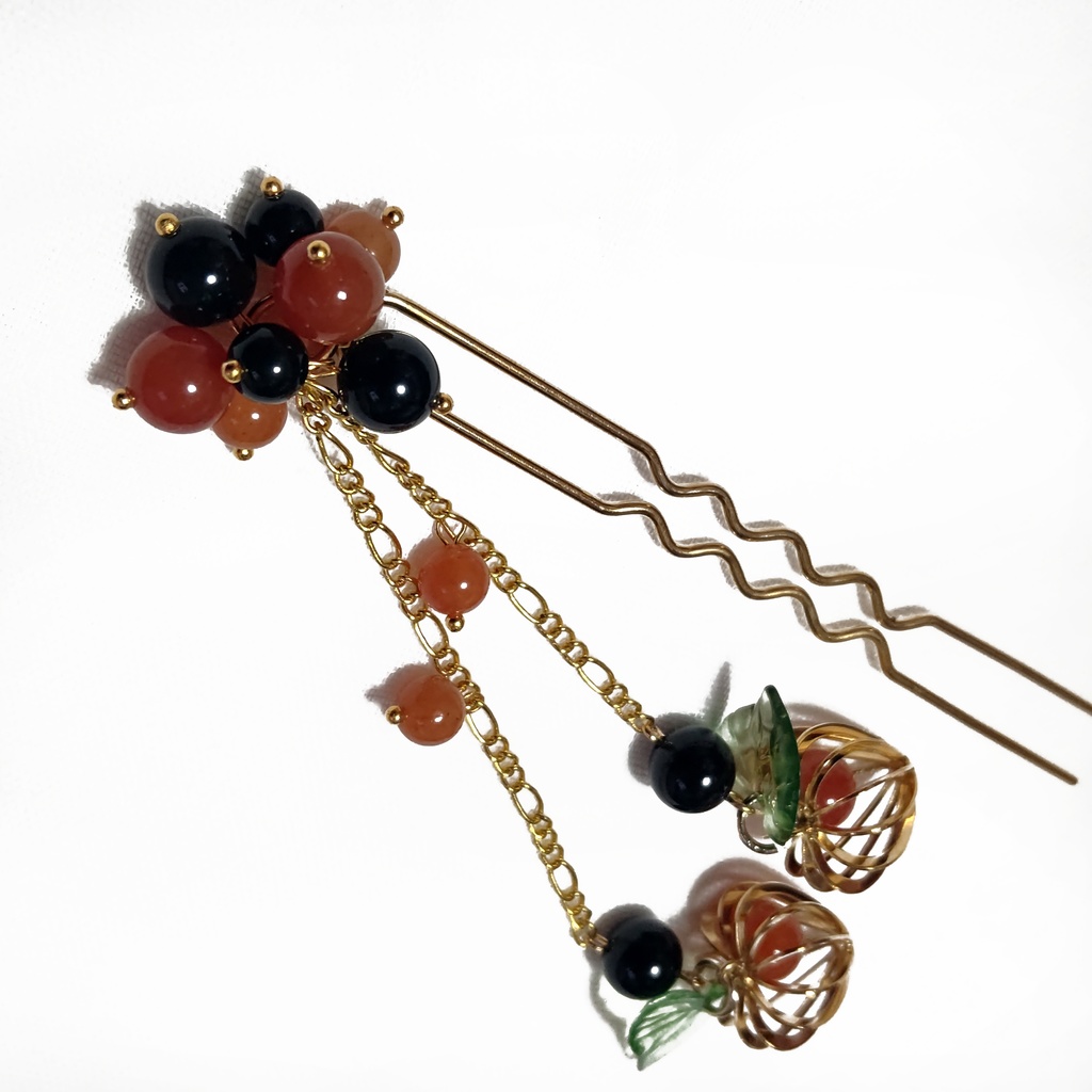 金鬼灯の簪 二本足かんざし ゴールド 砂金水晶