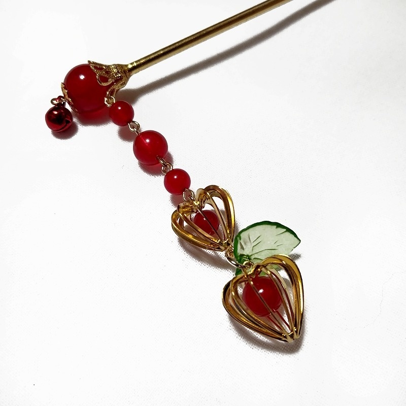 二連鬼灯の簪 ゴールド レッドジェイド