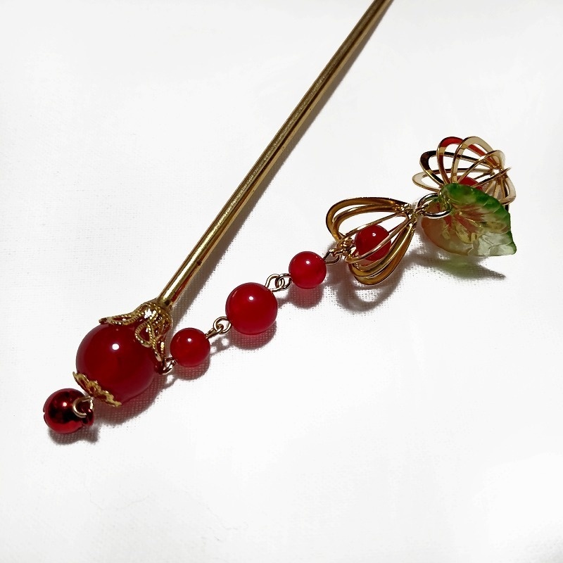 二連鬼灯の簪 ゴールド レッドジェイド
