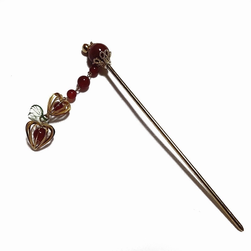 二連鬼灯の簪　ゴールド　カーネリアン