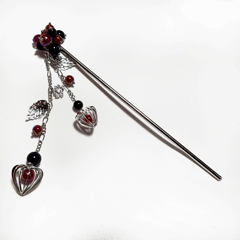 鬼灯と蓮花の簪　シルバー　カーネリアンオーラ