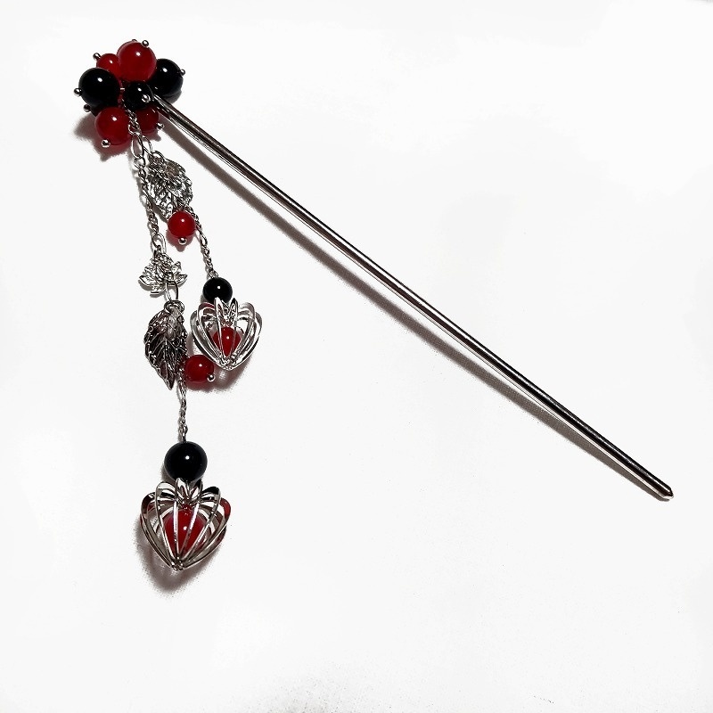 鬼灯と蓮花の簪 シルバー レッドジェイド