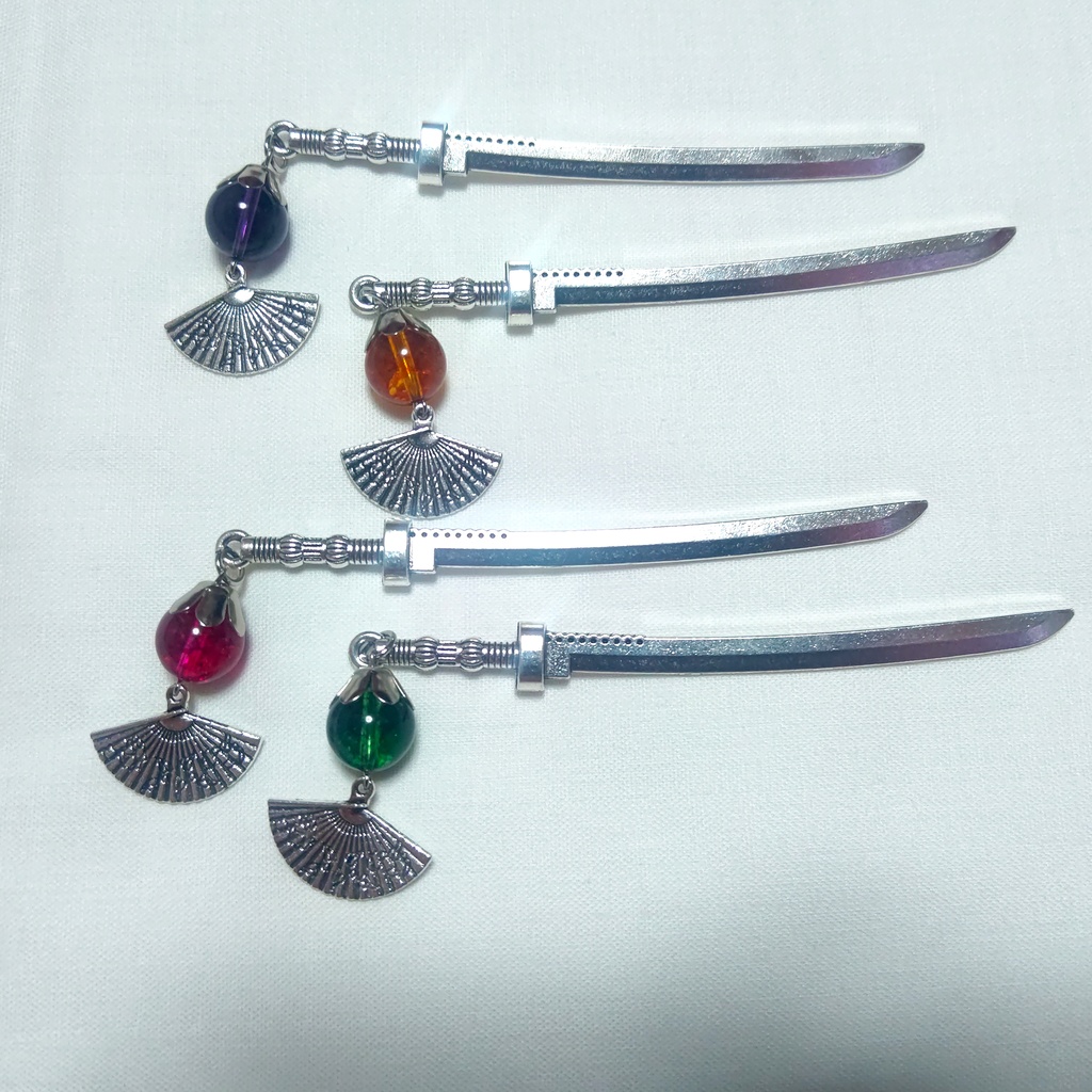 刀と扇と水晶の簪・しおり シルバーカラー