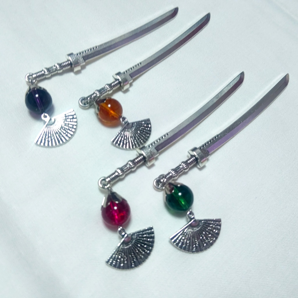 刀と扇と水晶の簪・しおり シルバーカラー