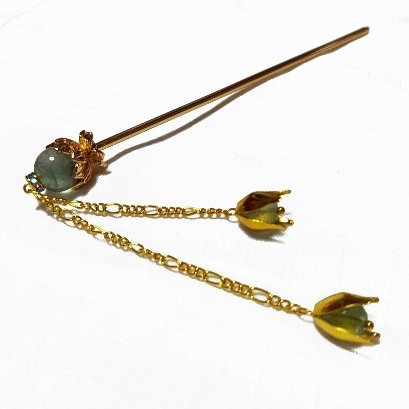 蓮花の1本足簪 蛍石(フローライト) ゴールドカラー