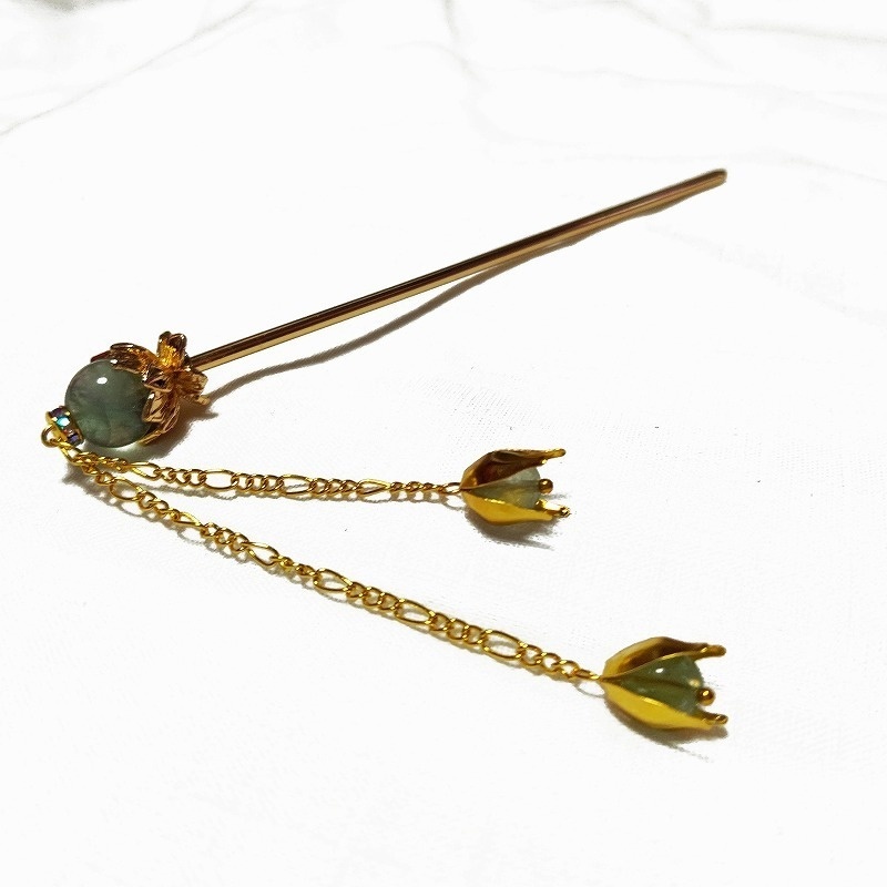 蓮花の1本足簪 蛍石(フローライト) ゴールドカラー