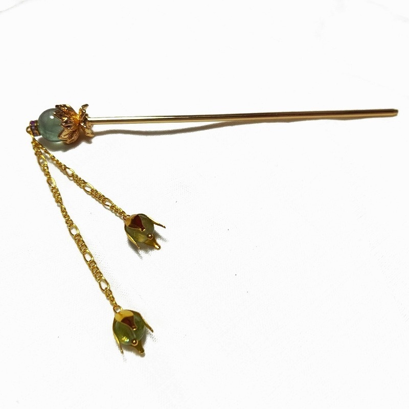 蓮花の1本足簪 蛍石(フローライト) ゴールドカラー