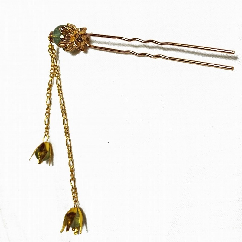 蓮花の2本足簪 蛍石(フローライト) ゴールドカラー