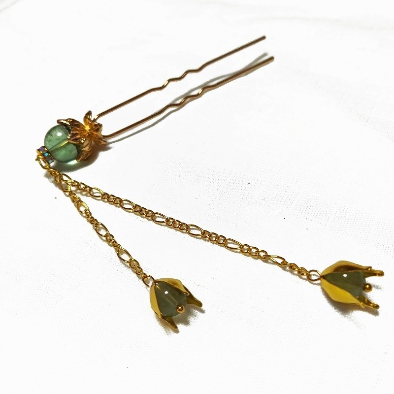 蓮花の2本足簪 蛍石(フローライト) ゴールドカラー