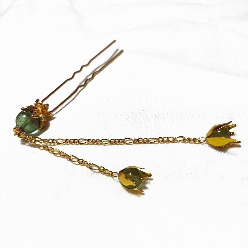 蓮花の2本足簪 蛍石(フローライト) ゴールドカラー