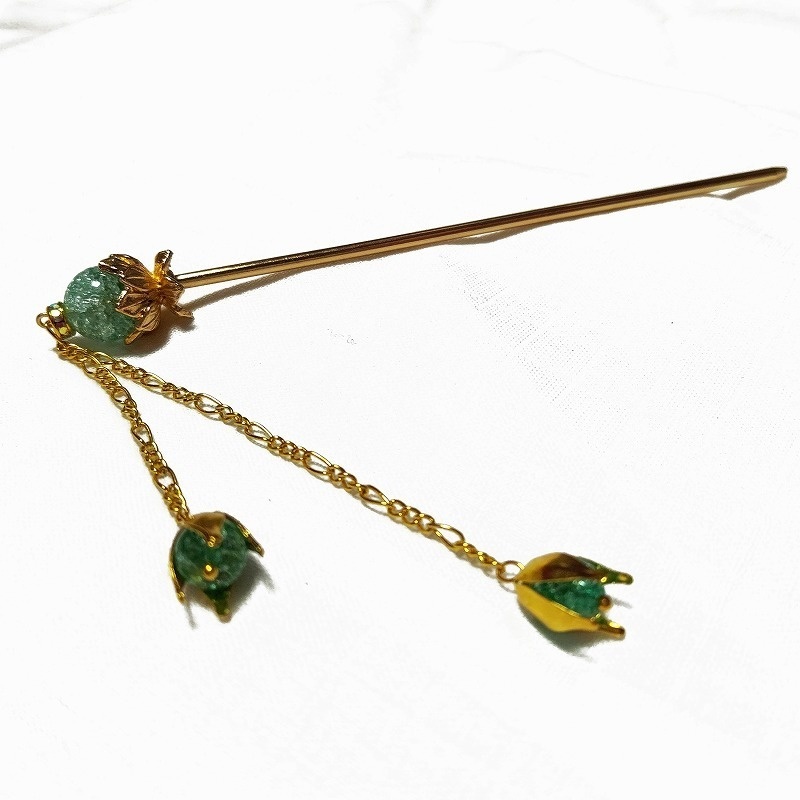 蓮花の1本足簪 クラックグリーンクリスタル(クラック水晶) ゴールドカラー