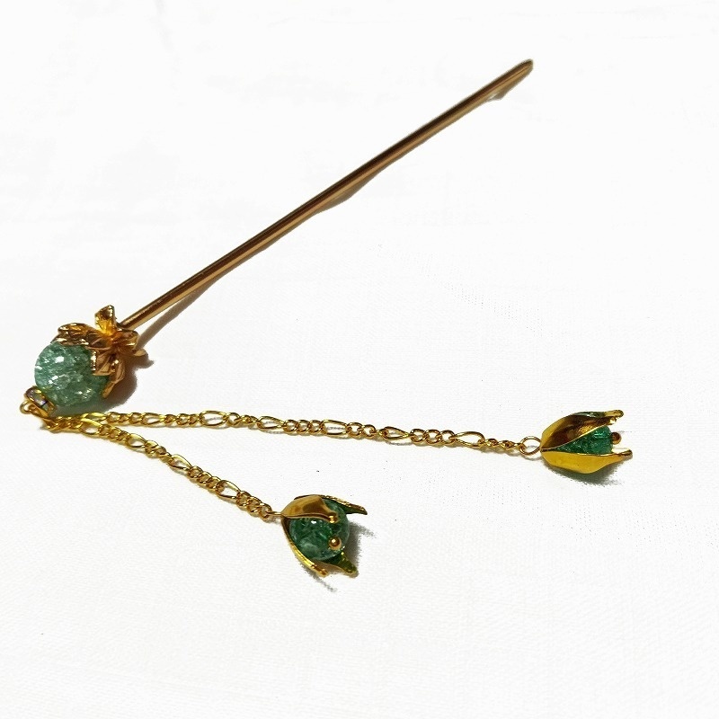 蓮花の1本足簪 クラックグリーンクリスタル(クラック水晶) ゴールドカラー