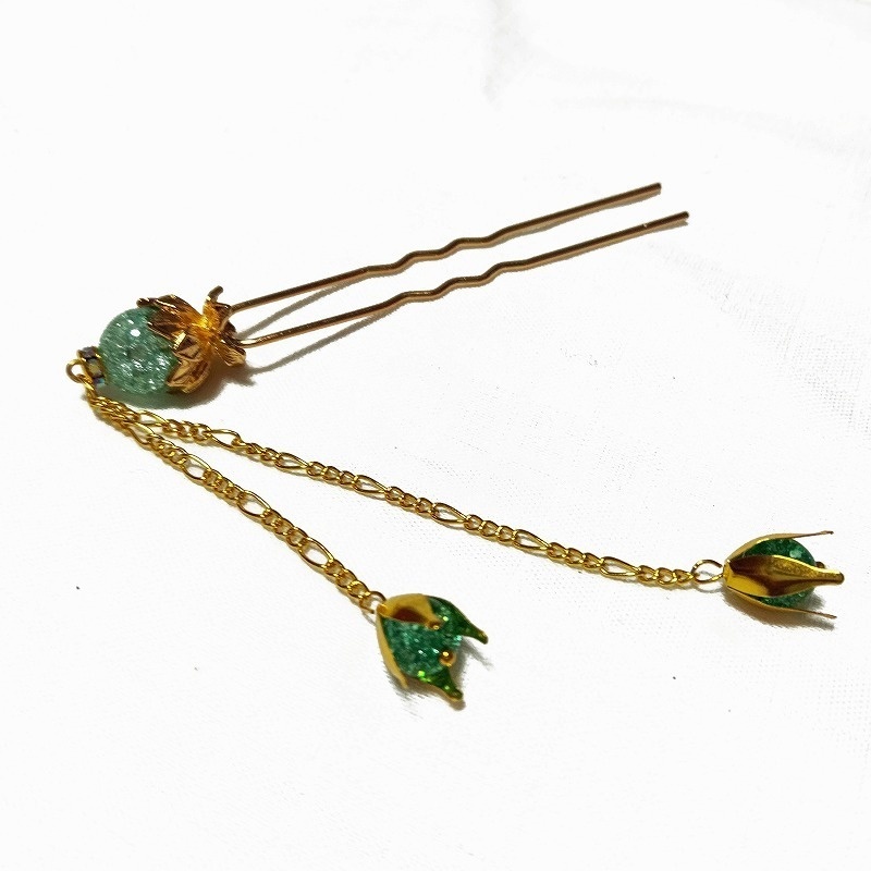 蓮花の2本足簪 クラックグリーンクリスタル(クラック水晶)ゴールドカラー