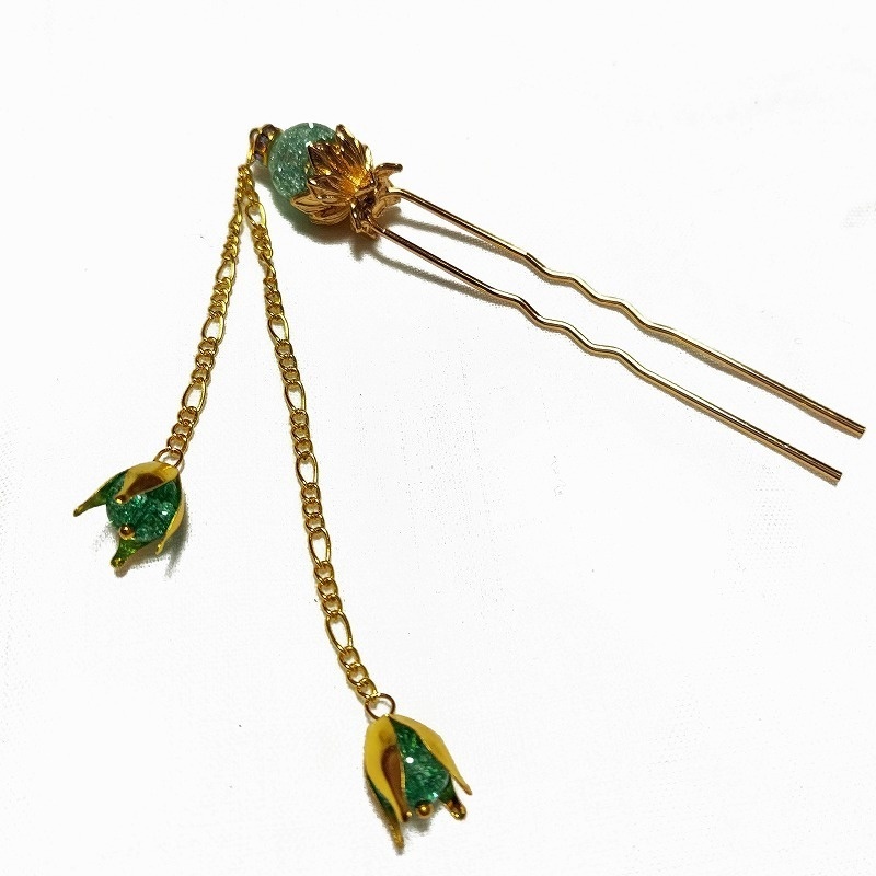 蓮花の2本足簪 クラックグリーンクリスタル(クラック水晶)ゴールドカラー