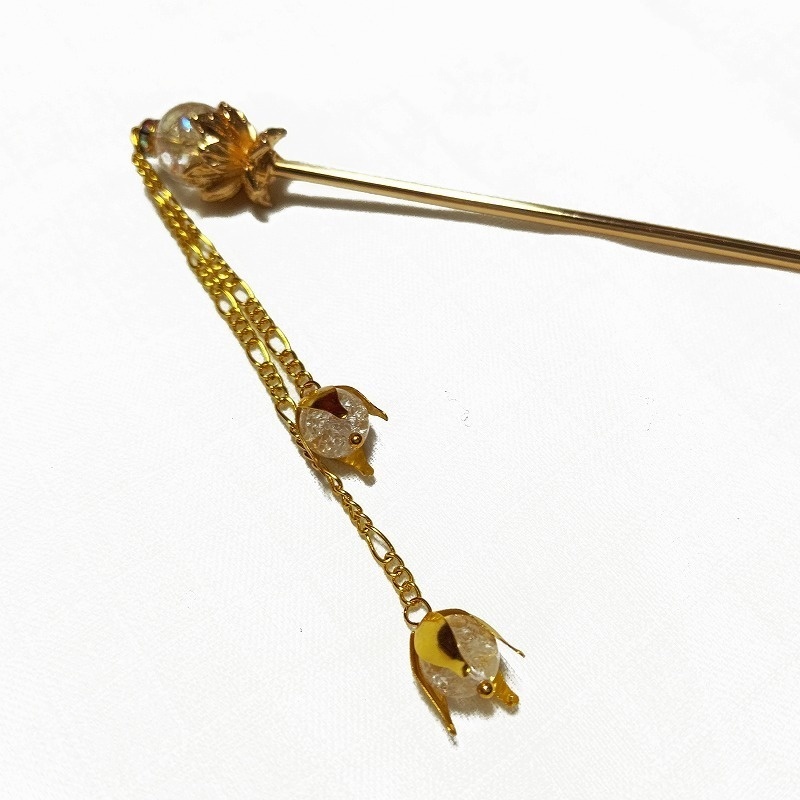 蓮花の1本足簪 クラッククリスタル(クラック水晶) ゴールドカラー