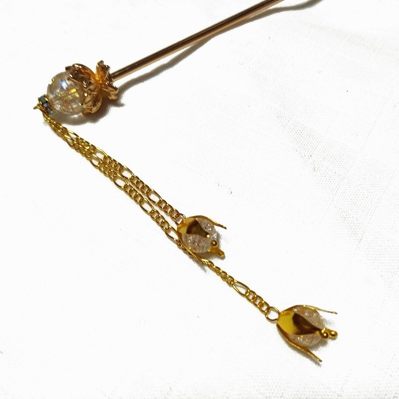 蓮花の1本足簪 クラッククリスタル(クラック水晶) ゴールドカラー