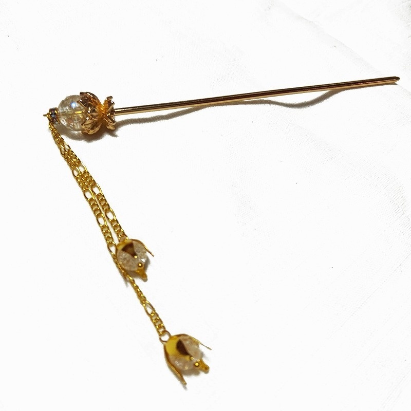 蓮花の1本足簪 クラッククリスタル(クラック水晶) ゴールドカラー