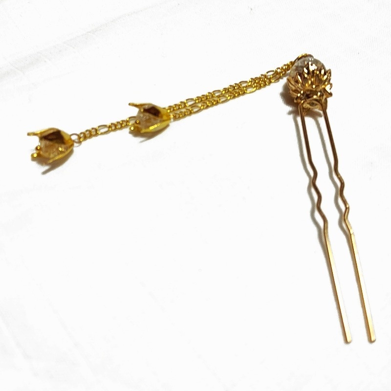 蓮花の2本足簪 クラッククリスタル(クラック水晶)ゴールドカラー