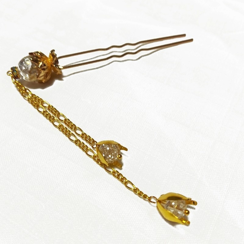 蓮花の2本足簪 クラッククリスタル(クラック水晶)ゴールドカラー