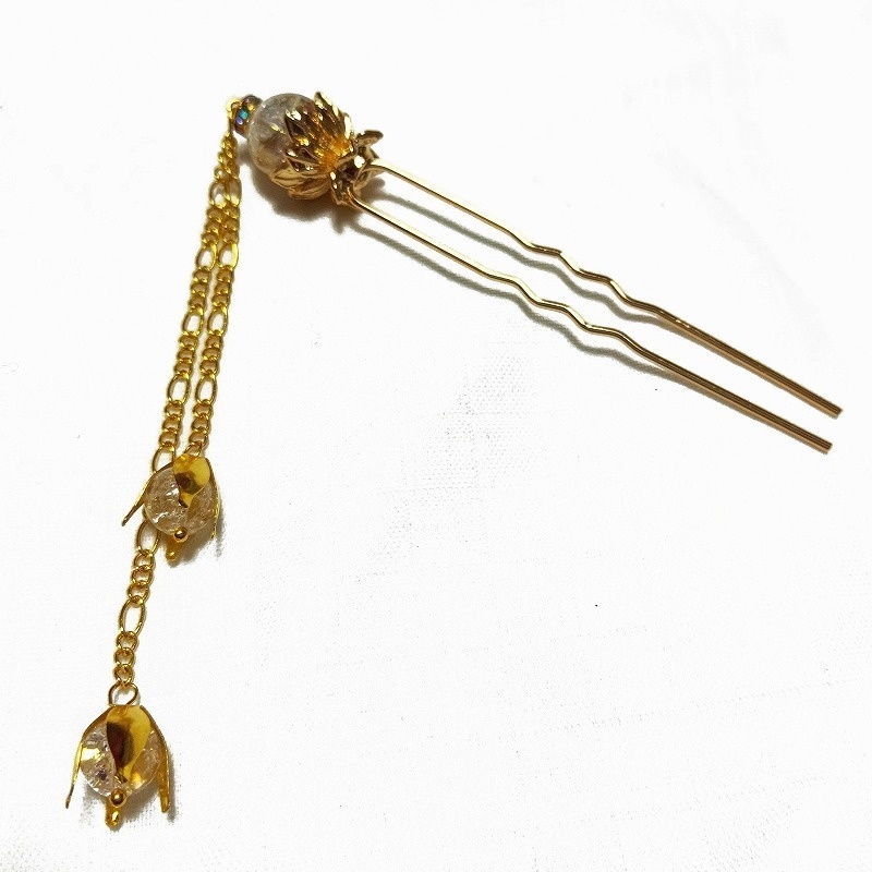 蓮花の2本足簪 クラッククリスタル(クラック水晶)ゴールドカラー