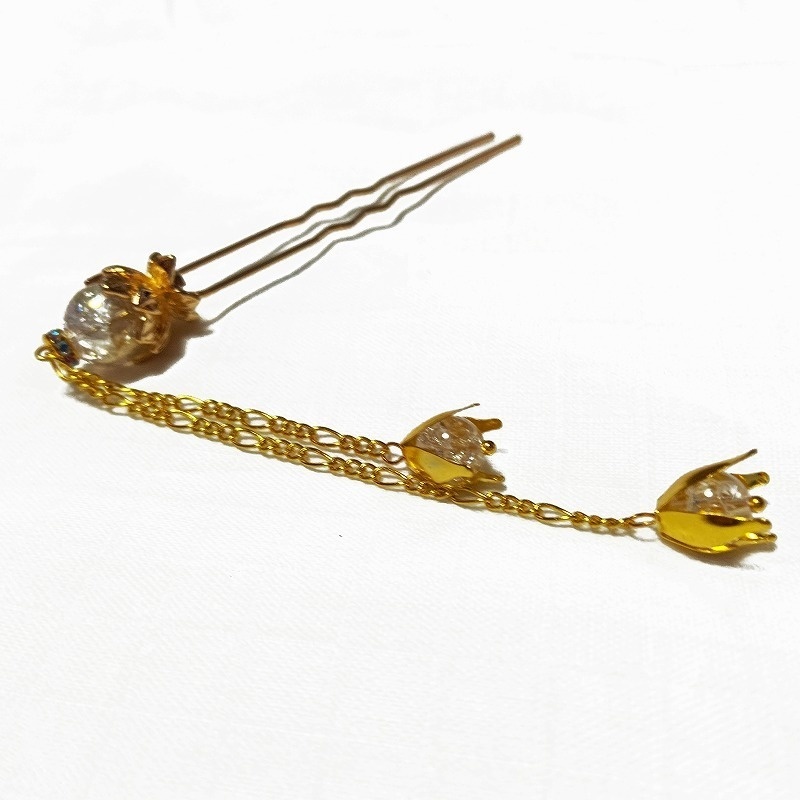 蓮花の2本足簪 クラッククリスタル(クラック水晶)ゴールドカラー