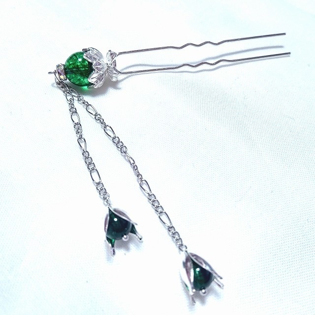 蓮花の2本足簪 クラックグリーンクリスタル濃色(クラック水晶)シルバーカラー