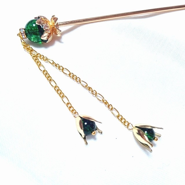 蓮花の1本足簪 クラックグリーンクリスタル濃色(クラック水晶)ゴールドカラー