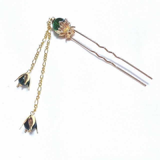 蓮花の2本足簪 クラックグリーンクリスタル濃色(クラック水晶)ゴールドカラー