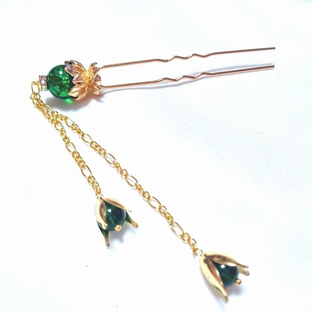 蓮花の2本足簪 クラックグリーンクリスタル濃色(クラック水晶)ゴールドカラー