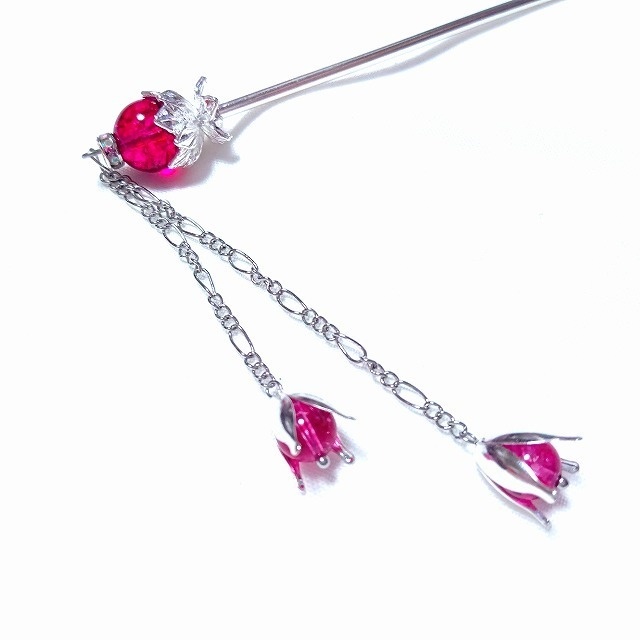 蓮花の1本足簪 クラックピンククリスタル濃色(クラック水晶)シルバーカラー