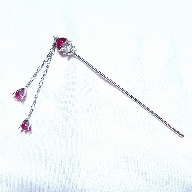 蓮花の1本足簪 クラックピンククリスタル濃色(クラック水晶)シルバーカラー