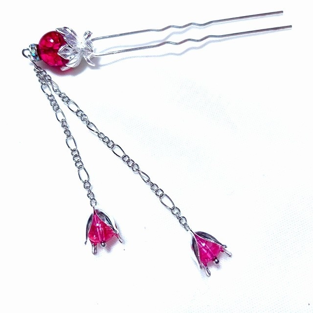 蓮花の2本足簪 クラックピンククリスタル濃色(クラック水晶)シルバーカラー