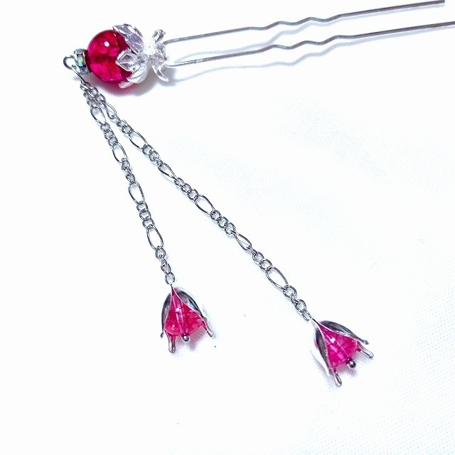 蓮花の2本足簪 クラックピンククリスタル濃色(クラック水晶)シルバーカラー