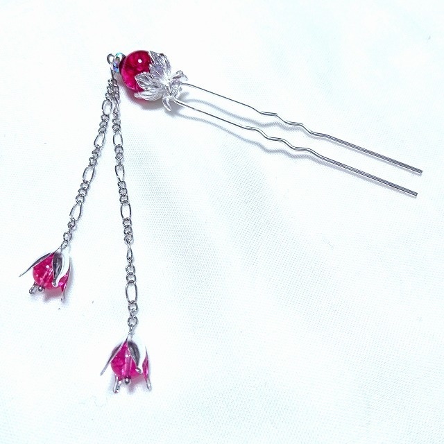 蓮花の2本足簪 クラックピンククリスタル濃色(クラック水晶)シルバーカラー