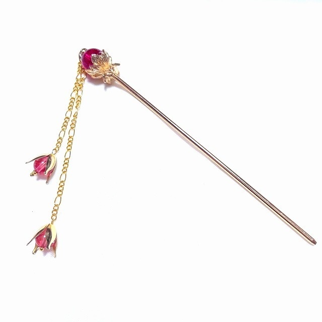 蓮花の1本足簪 クラックピンククリスタル濃色(クラック水晶)ゴールドカラー