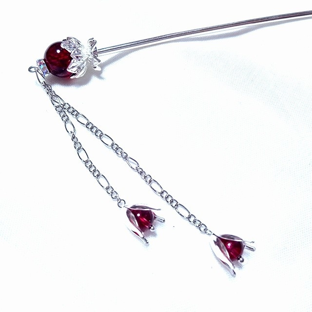 蓮花の1本足簪 クラックレッドクリスタル(クラック水晶)シルバーカラー