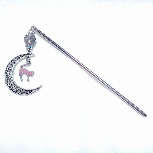 月と猫と銀水晶の簪