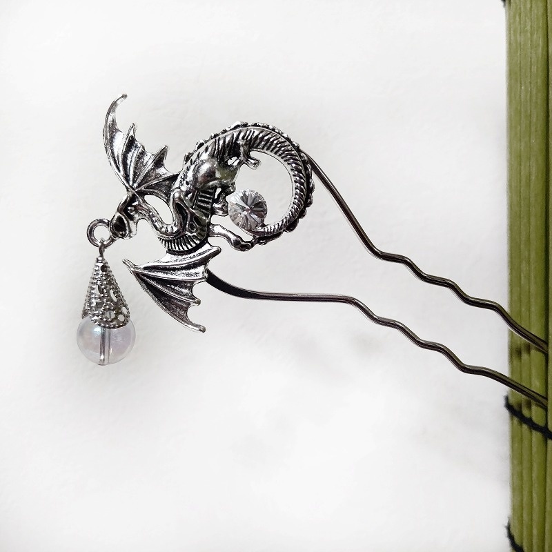 ドラゴンの二本足簪 スワロフスキーと水晶・紫水晶