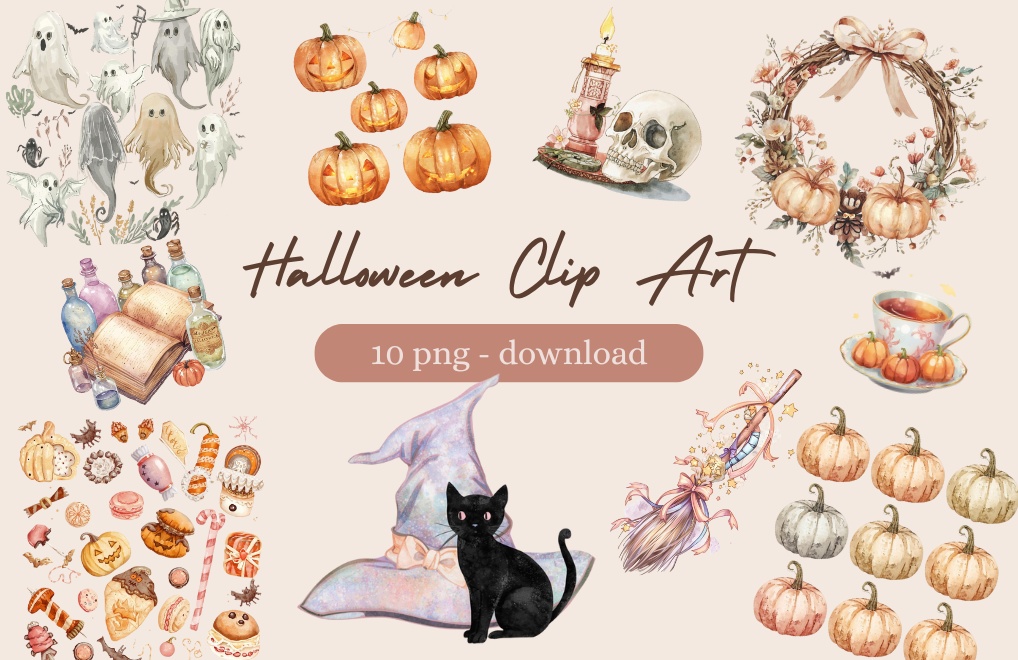《canva パステル水彩ハロウィン》アンティーク風かわいいクリップアート素材10点セット（PNG）