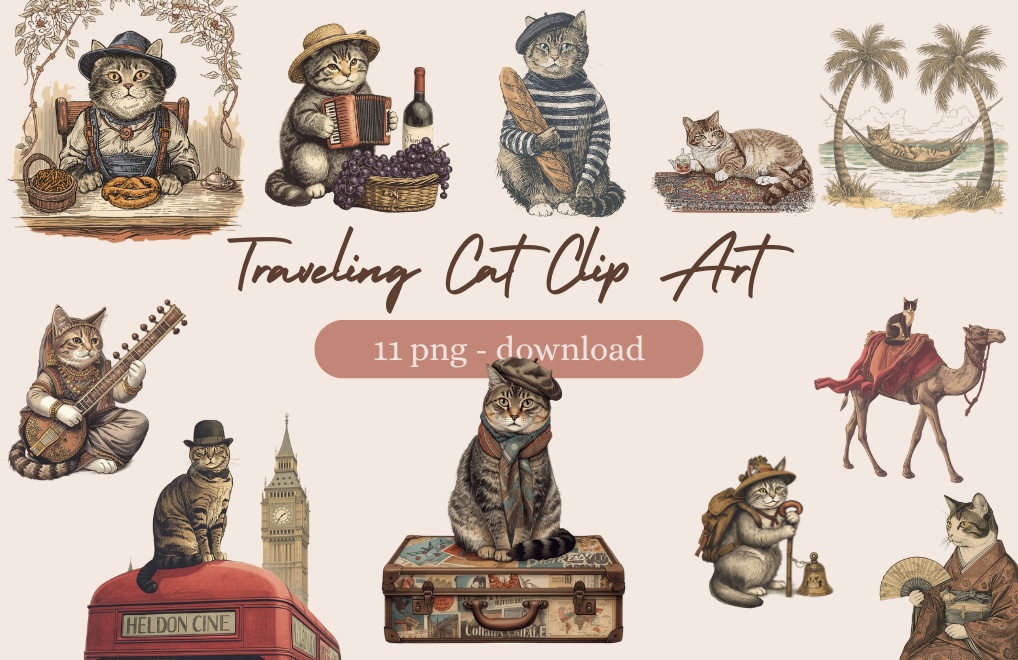 canva 旅する猫のヴィンテージクリップアート集（エッチング風・PNG）
