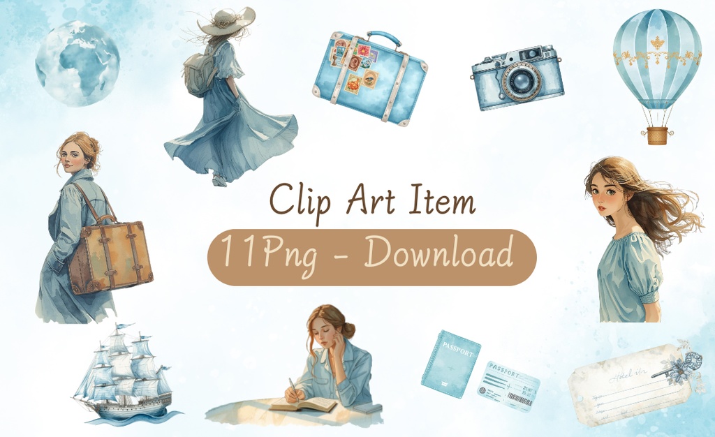水彩×水色×アンティーク「旅する女性と旅アイテム」クリップアートセット【PNG】
