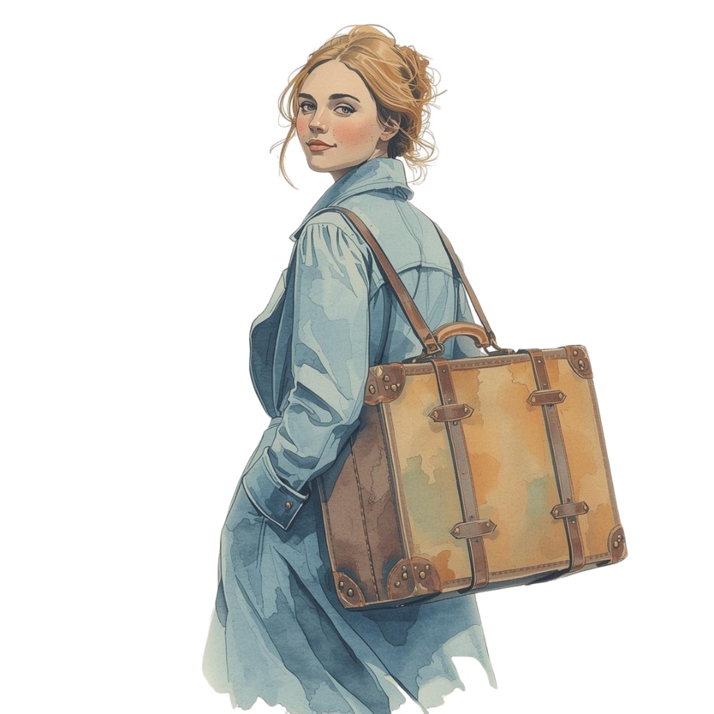 水彩×水色×アンティーク「旅する女性と旅アイテム」クリップアートセット【PNG】