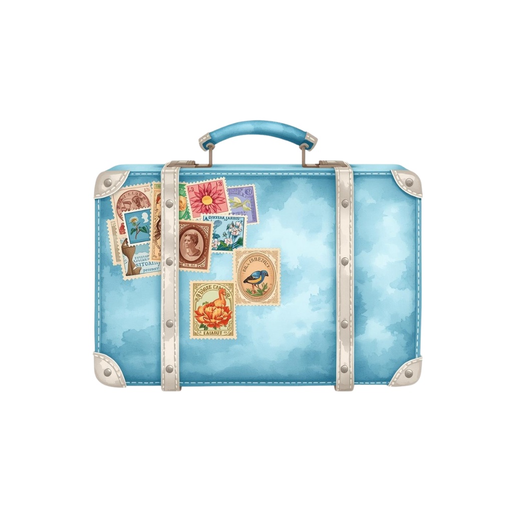 水彩×水色×アンティーク「旅する女性と旅アイテム」クリップアートセット【PNG】