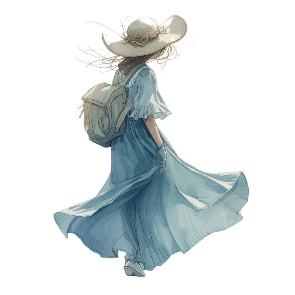 水彩×水色×アンティーク「旅する女性と旅アイテム」クリップアートセット【PNG】